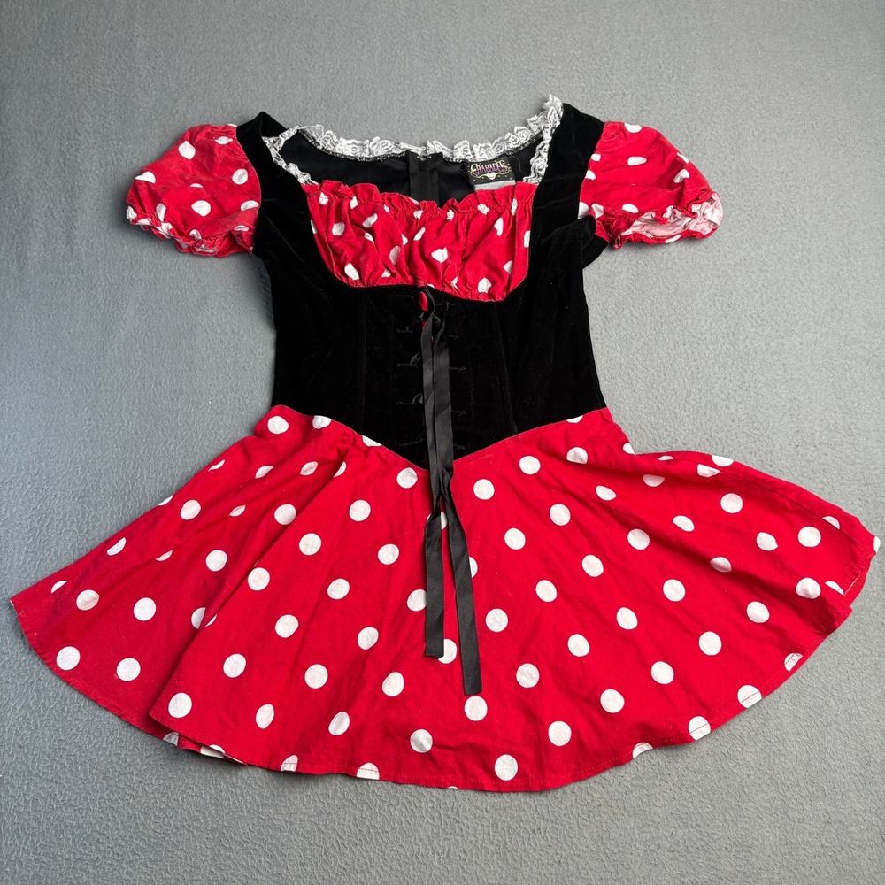 Charades Minnie Mouse Halloween Costume Dress Red Polka Dot Velvet Lace Up Small